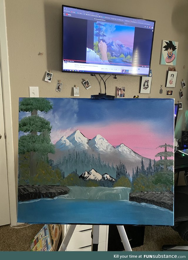 I did a Bob Ross follow along today. Here’s my happy result