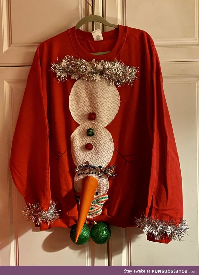 My bonus son needed an “Ugly Xmas Sweater” for a party tonight. Fingers crossed he