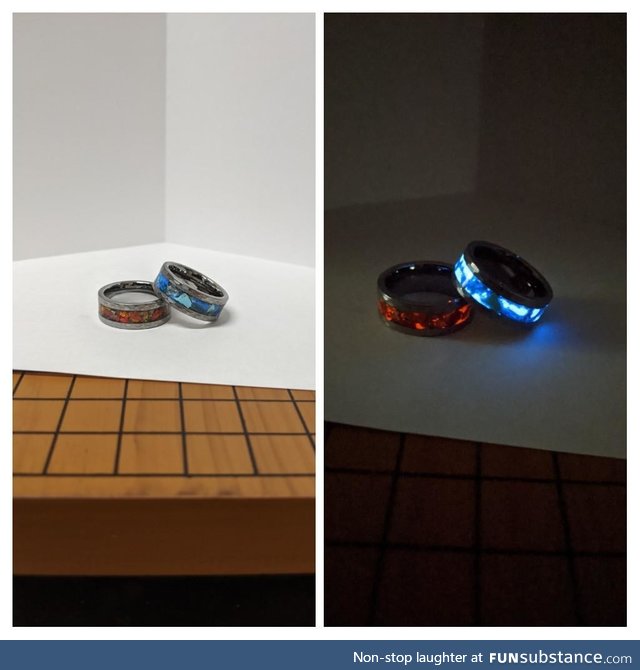 I made some glow in the dark rings. I went for a fire and ice look