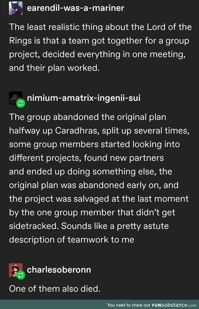 The Lord of the Rings is a pretty accurate example of a group project