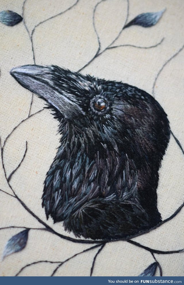 Close up of my raven hand embroidery