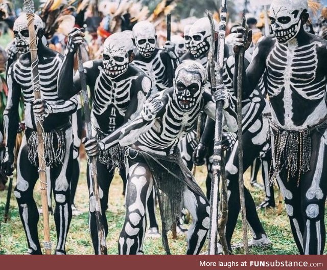 The Chimbu, a tribe in Papua New Guinea paints skeletons on themselves to strike fear in