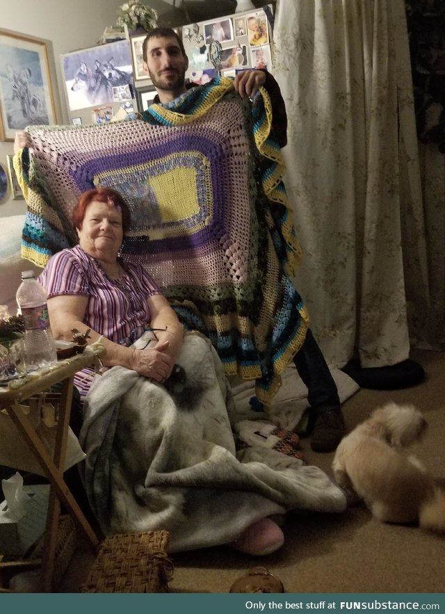 My Nana was so proud of the blanket she made my boyfriend for Christmas , I asked her if