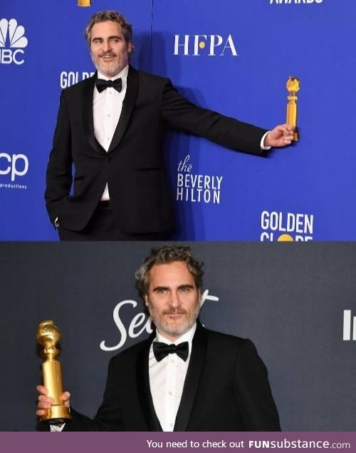 Joaquin Phoenix before and after getting his Best Actor award