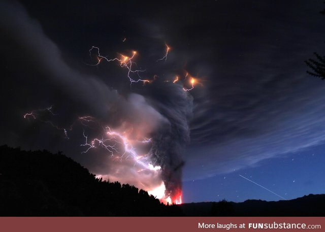 Lightning bolts strike around volcanic chain near Osorno city in Chile, 2011