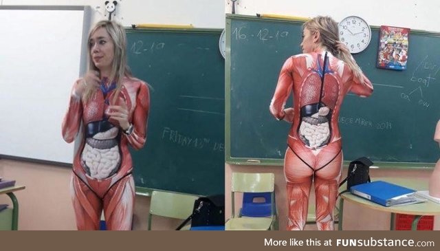 Teacher gives anatomy lesson in a full-body suit that maps out the human body in sharp