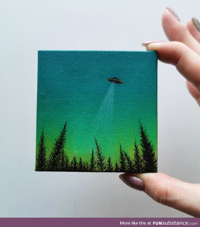 UFO over a forest, a tiny 3 inch painting I made today
