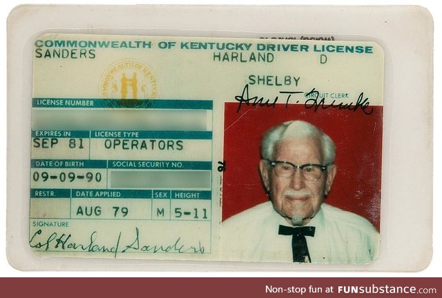Colonel Sanders' drivers license circa 1979