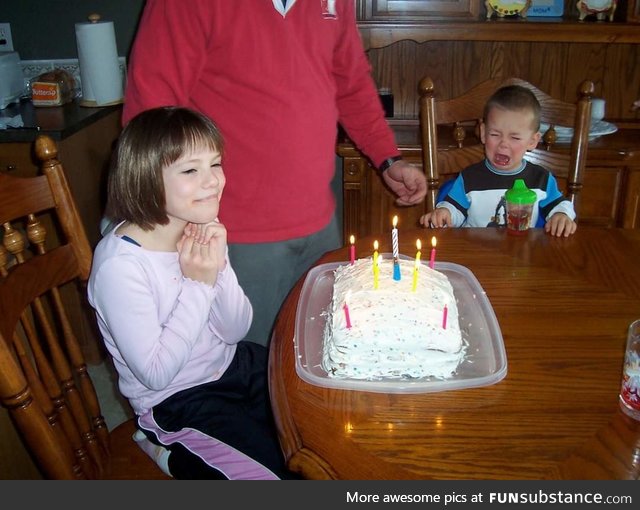 My brother crying because he cant blow out the candles. And me, not giving a f*ck