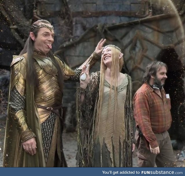 Hugo Weaving and Cate Blanchett having fun on set