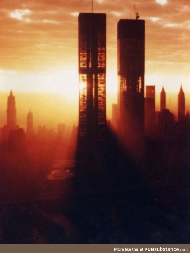 Light shining through the Twin Towers just after completion