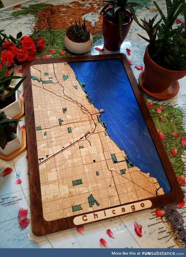 Wooden map of Chicago I made, I'm a wooden map maker (and my wife teaches dogs yoga, our