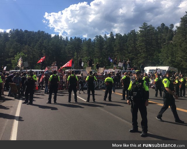 Lakota tribe members blocking the road to Mount Rushmore