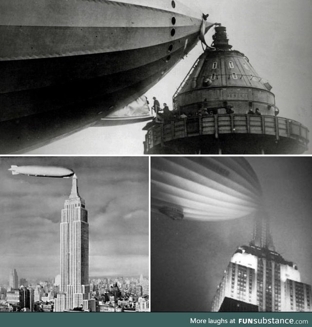 Boarding a zeppelin from the top of the Empire State building. The future was