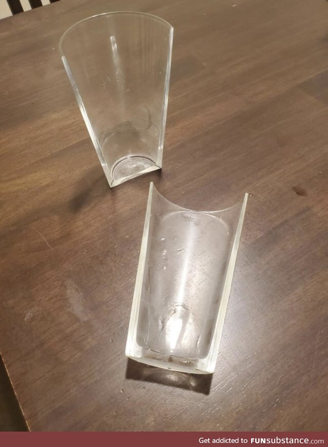 This cup somehow broke straight in half