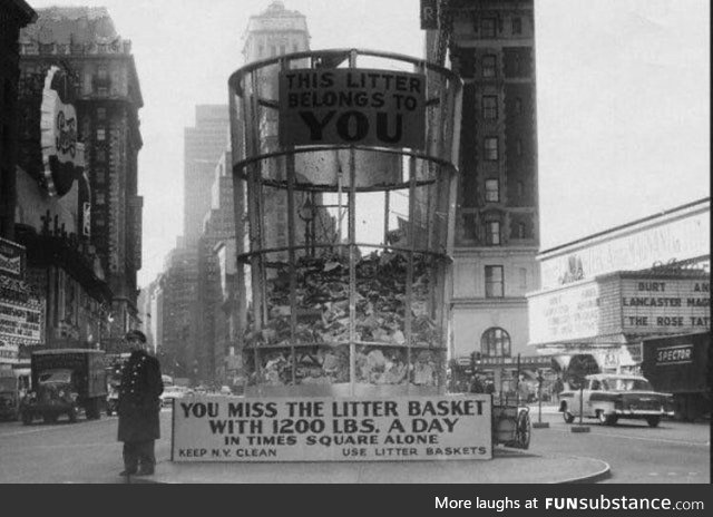 Vintage litter shaming in Times Square, roundabout 1955