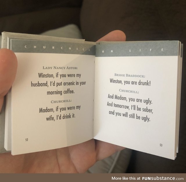 I bought a tiny book of Winston Churchill quotes. Needless to say, it’s hilarious