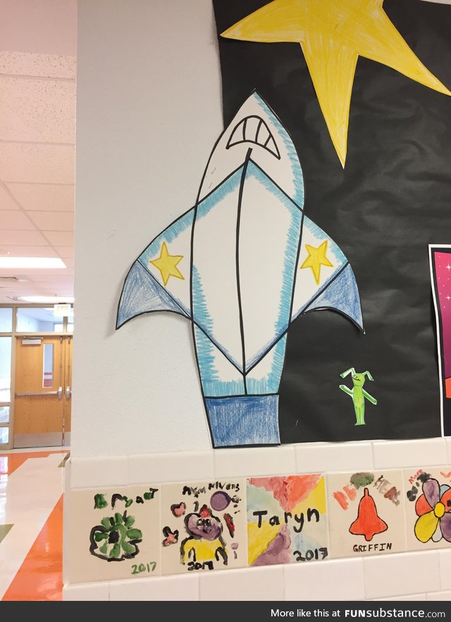 I was at my daughter's school today. I asked her why there was a shark ripping off its