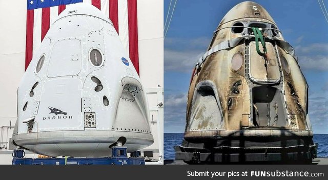 Crew Dragon capsule before and after a trip to the ISS