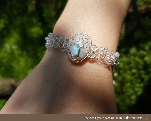 I crocheted with wire to make this moonstone bracelet