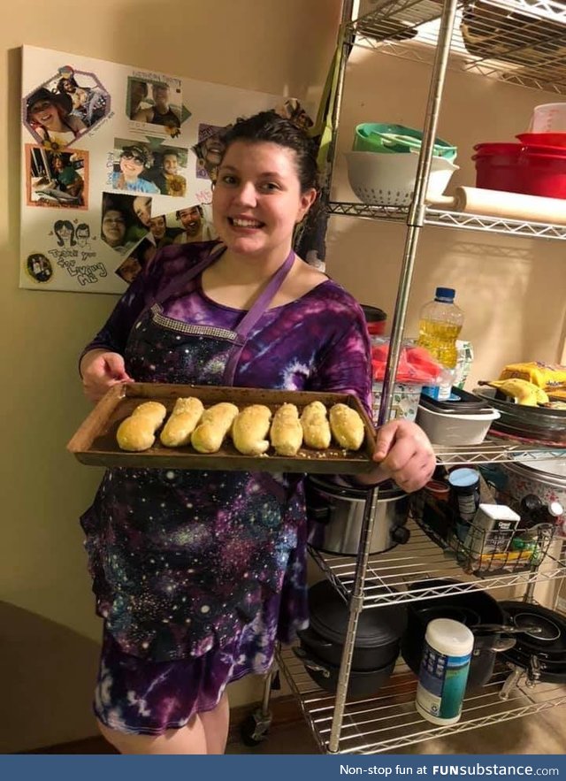 Look how proud my wife looks of her homemade garlic breadsticks 