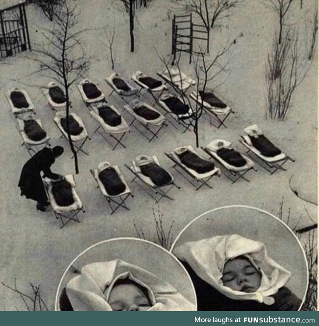 Babies put to sleep outside to keep their immune systems strong, 1958 Soviet Union