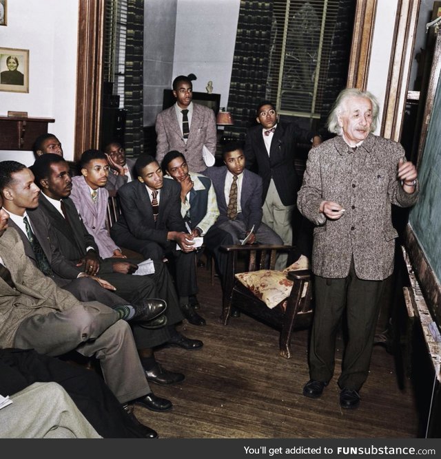 Einstein giving a lecture on relativity in 1946 (after the war, before the civil rights