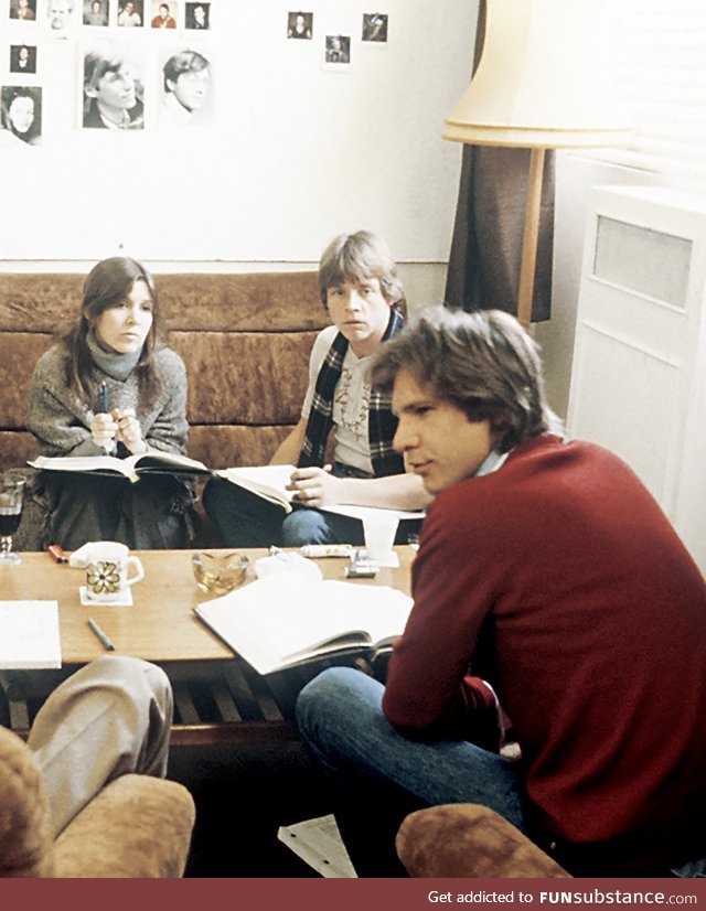 Carrie Fisher, Mark Hamill, and Harrison Ford going over the script for The Empire