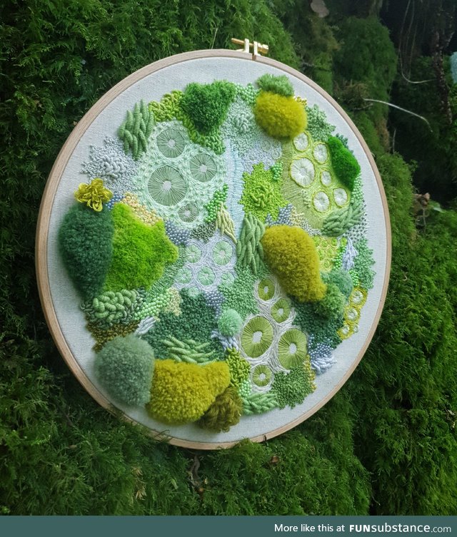 I make embroideries inspired by moss, lichen, mushrooms and mold