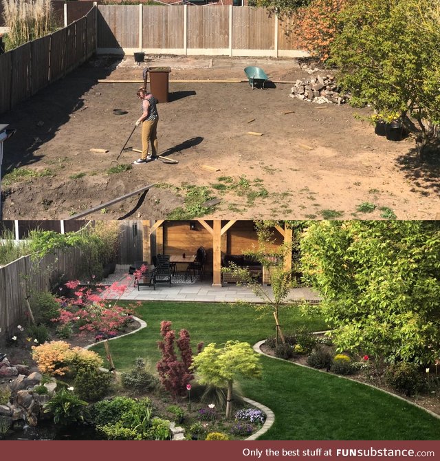 Heres our back yard transformation pic. The photos were taken exactly a year apart