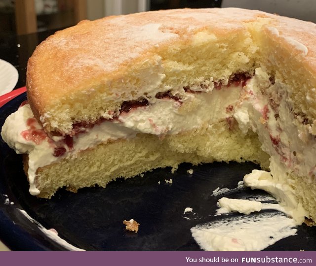 I just made a Victorian sponge with whipped cream and raspberry jam! I am learning to