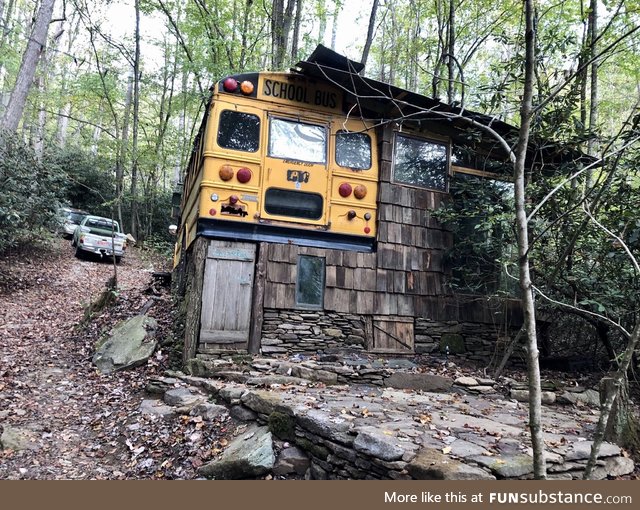 School bus converted into part of a house