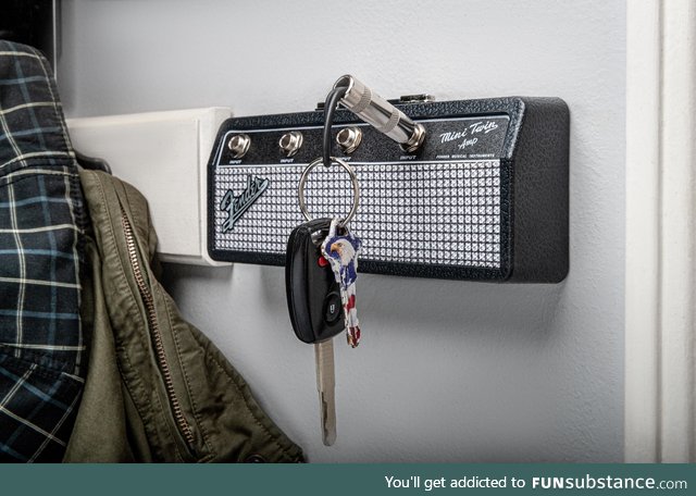 My latest creation. The Fender “Jack Rack”. A wall mounting guitar amp key hanger