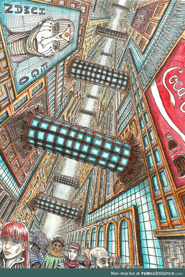I've recently made a colored version of my ink drawing "Futuristic Metropolis" and I'd