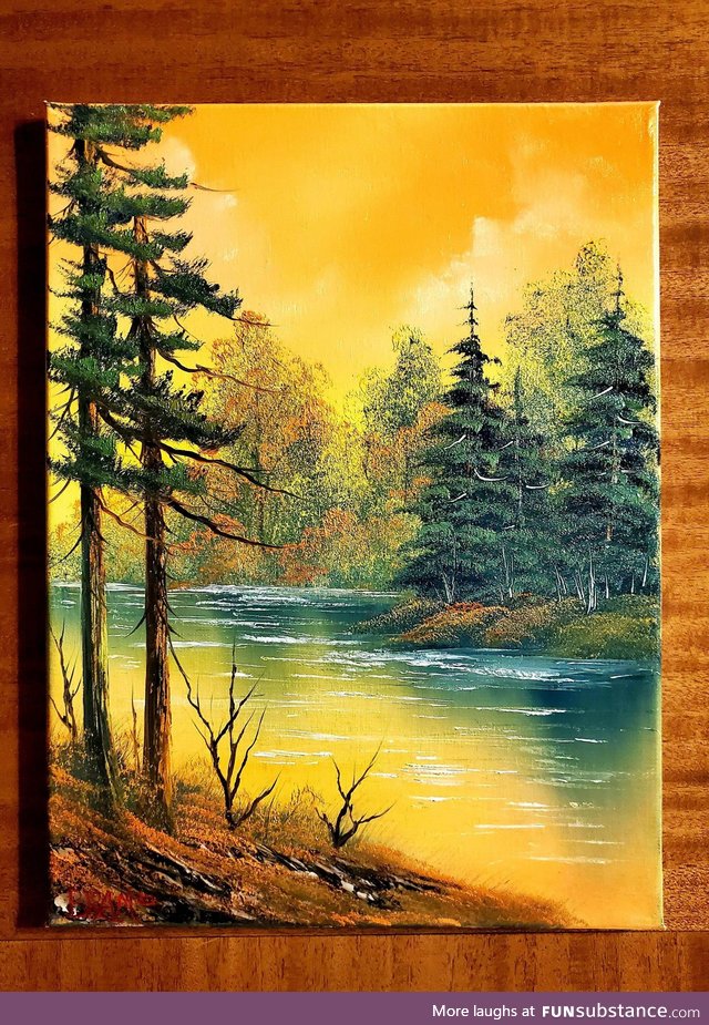 A happy picture of a happy little painting in Bob Ross style