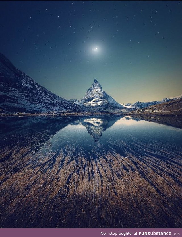 Matterhorn glacier between moon and elongated branches