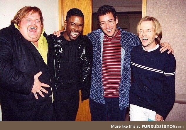 Chris Farley, Chris Rock, Adam Sandler and David Spade hanging out in the 90’s
