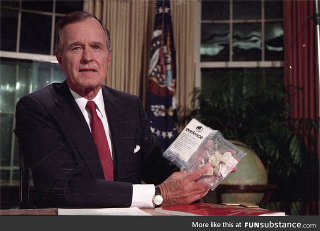 President Bush posing with a bag of crack, circa 1985