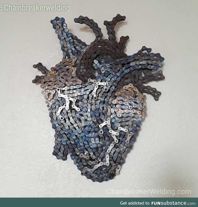 Anatomical heart made from reclaimed bicycle chain. Made by me