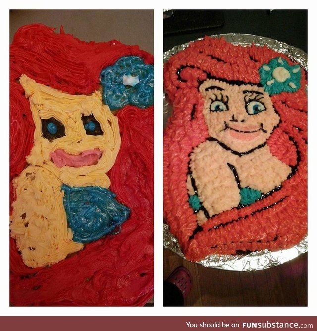 I tried to make my niece an Ariel cake for her third birthday and it came out looking