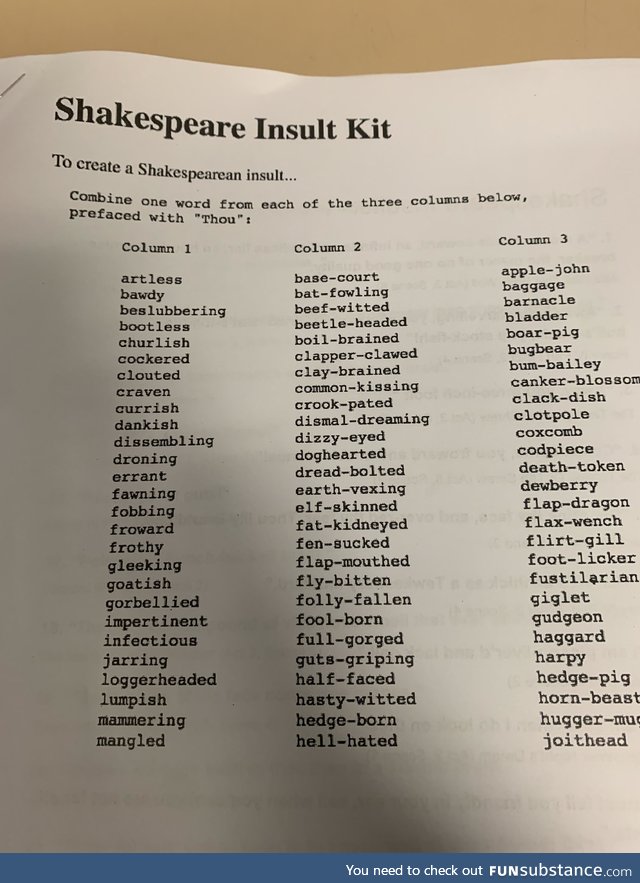 Our teacher told us to get In groups and practise theses Shakespearean insults, I love