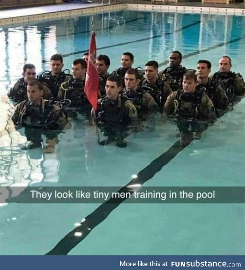Tiny men training in the pool