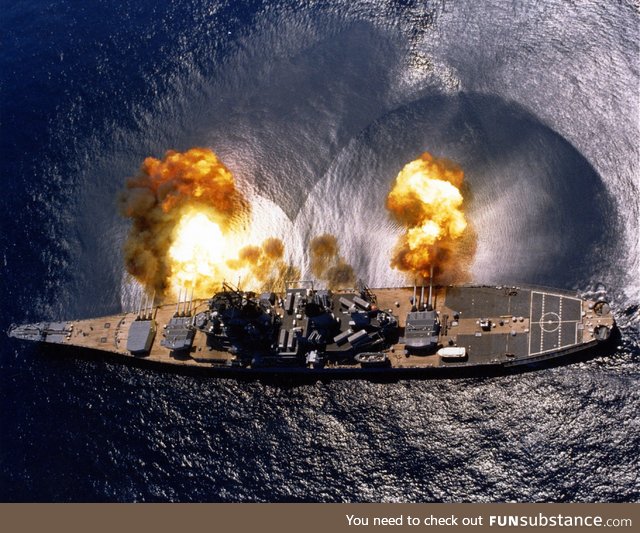 USS Iowa firing a full broadside