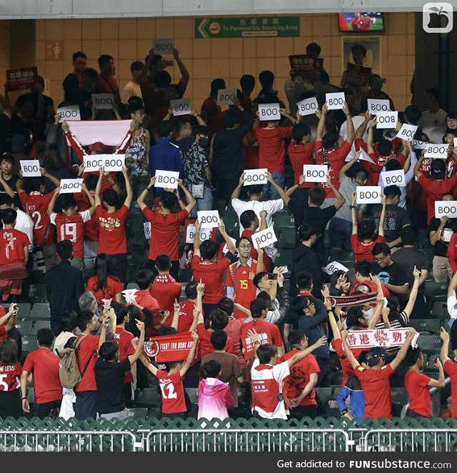 Hong Kong soccer fans BOOing the Chinese national anthem during a game yesterday