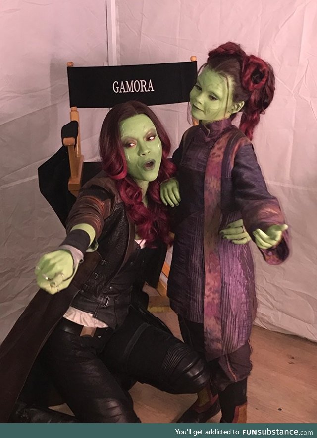 Gamora and Gamora on the set of Avengers: Infinity War