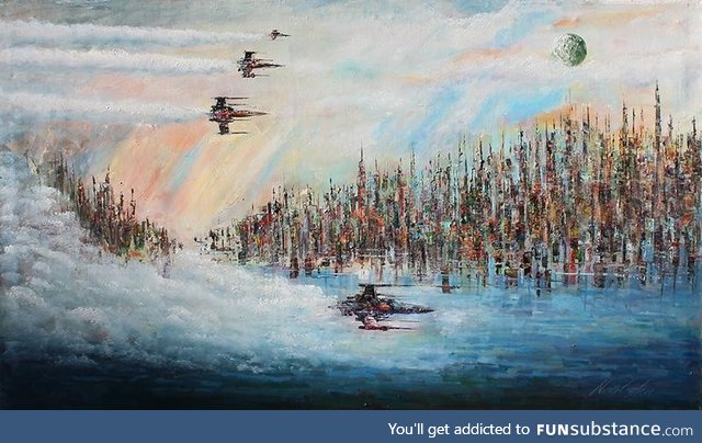 My oil painting of X-wing fighters over the city