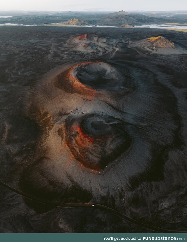 Drone view of volcanic craters in the Icelandic Highlands looks like another planet