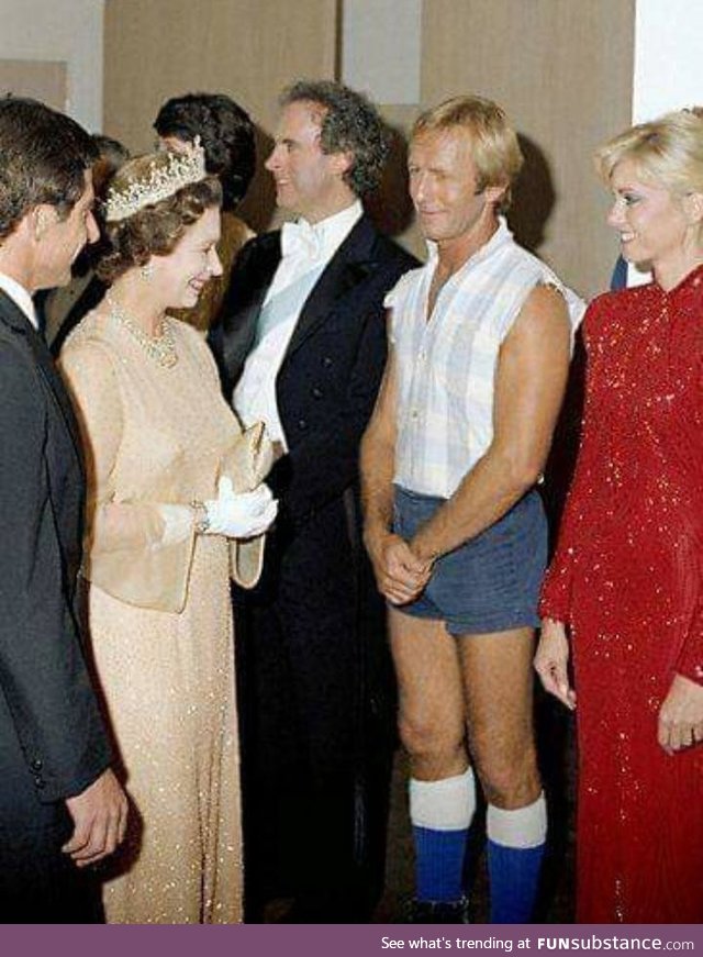Crocodile Dundy meeting the Queen, circa 1985