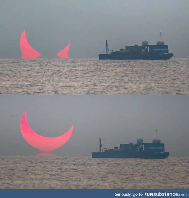 “Devils Horns” sunrise captured in Qatar, during a partial eclipse during sunrise ????