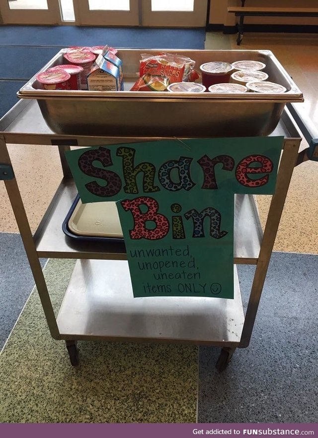 A school in my town has a SHARE BIN. Students who buy lunches may place unwanted and